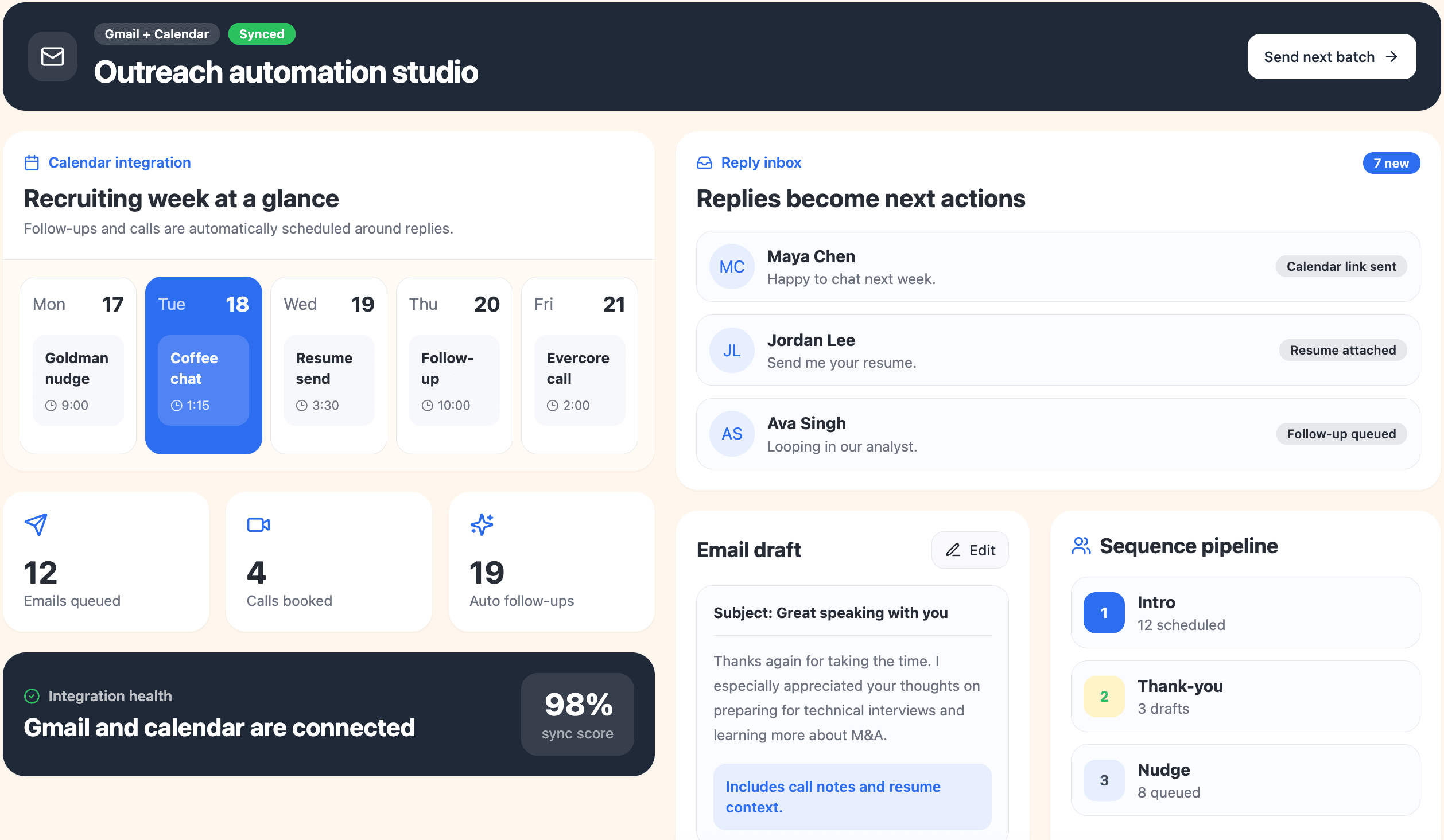 Kwolify outreach automation studio with Gmail, calendar, replies, and sequence pipeline.