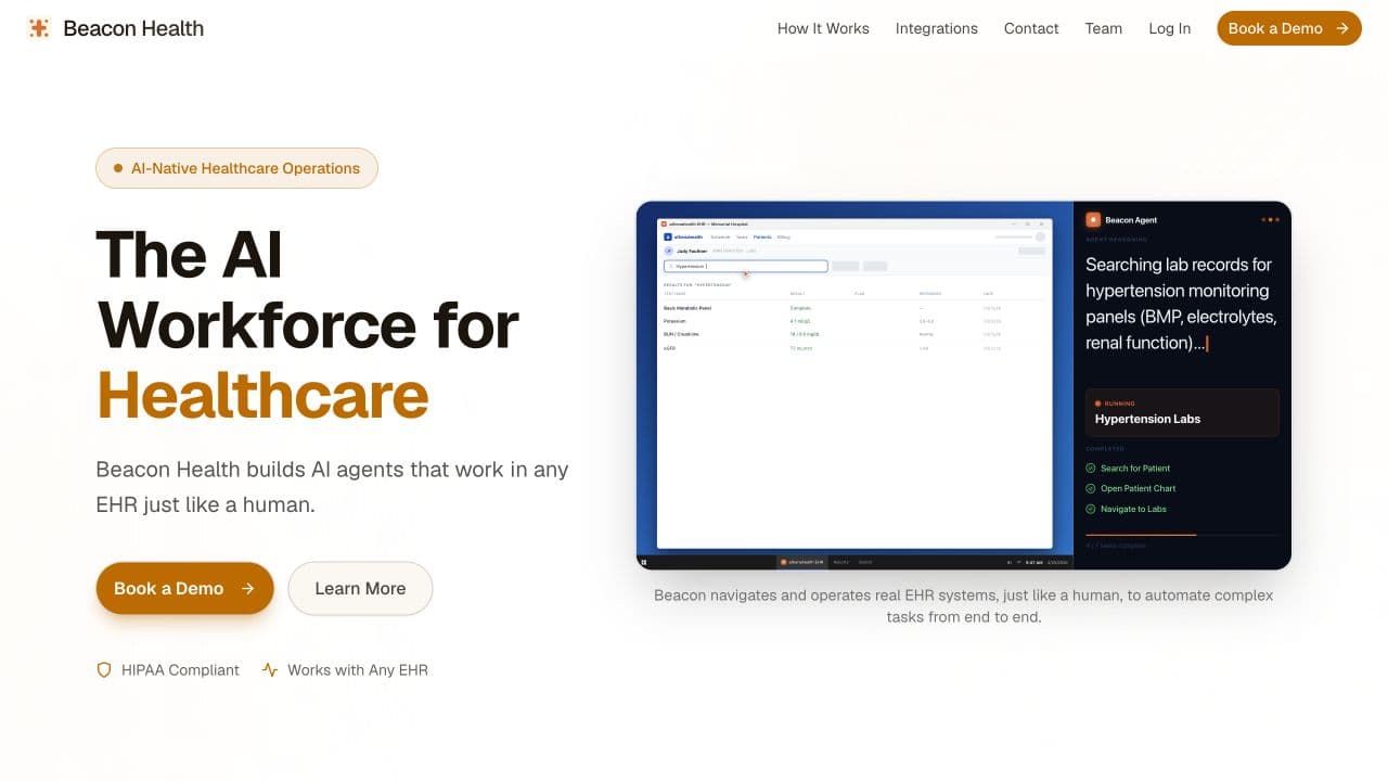 Beacon Health website showing its AI workforce for healthcare and agent demonstration.