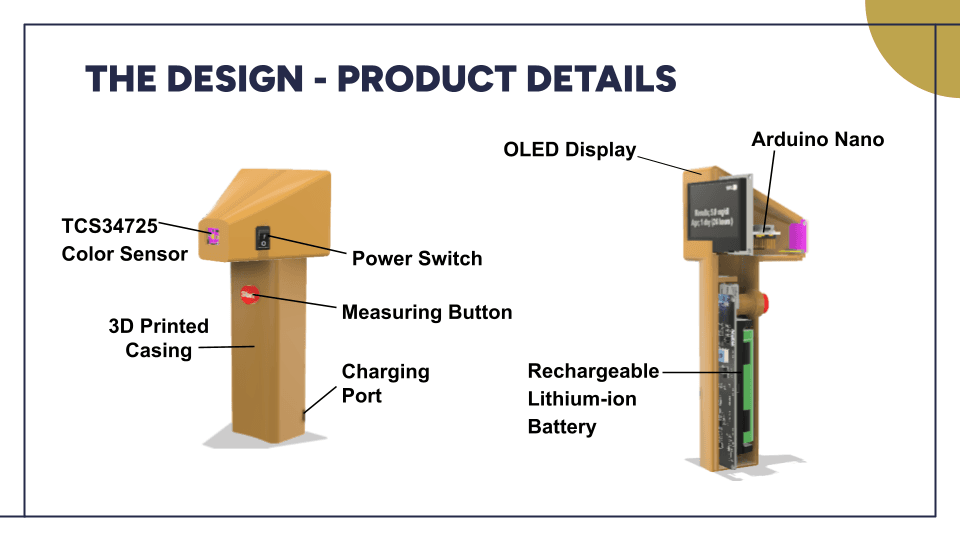 BiliBright product design details showing a handheld jaundice screening device and internal components.