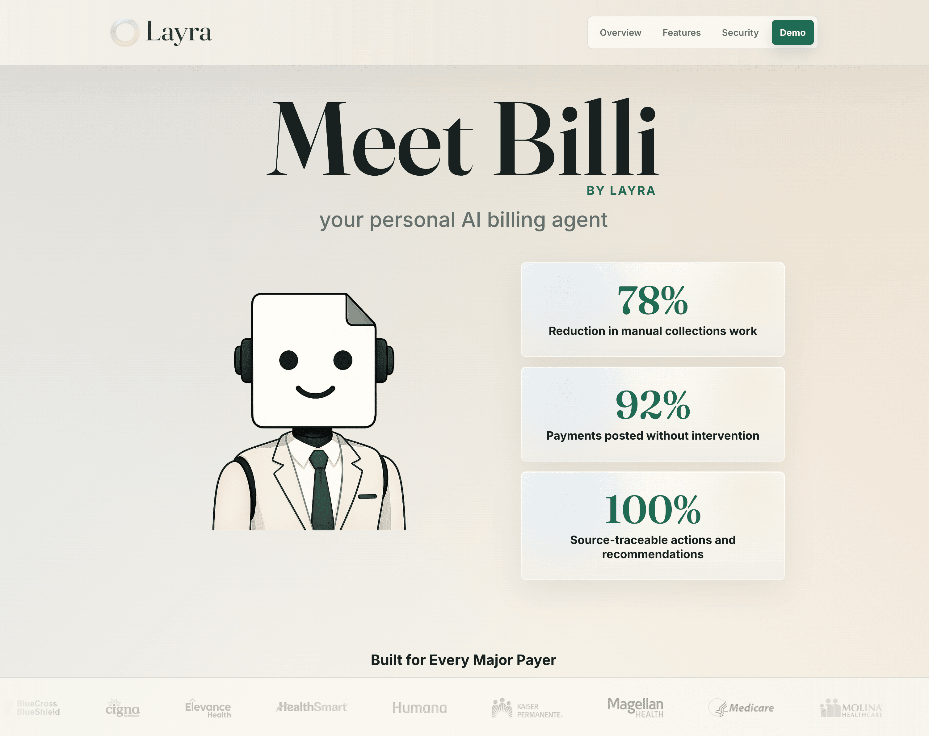 Layra landing page showing Billi, an AI billing agent, with automation metrics.