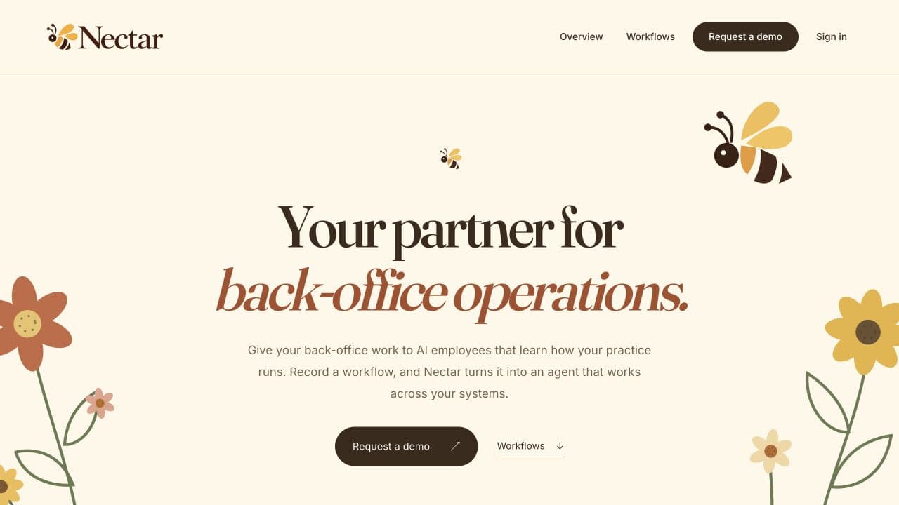 Nectar homepage showing its AI employees for back-office operations.